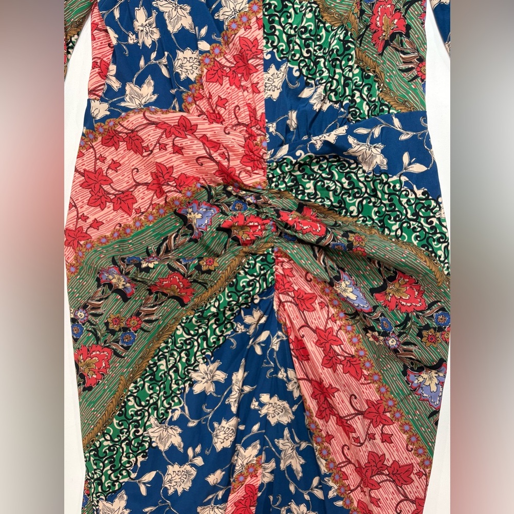 Veronica Beard Mary Ruched Patchwork 3/4 Sleeve Silk Blend Midi Dress - Picture 8 of 15